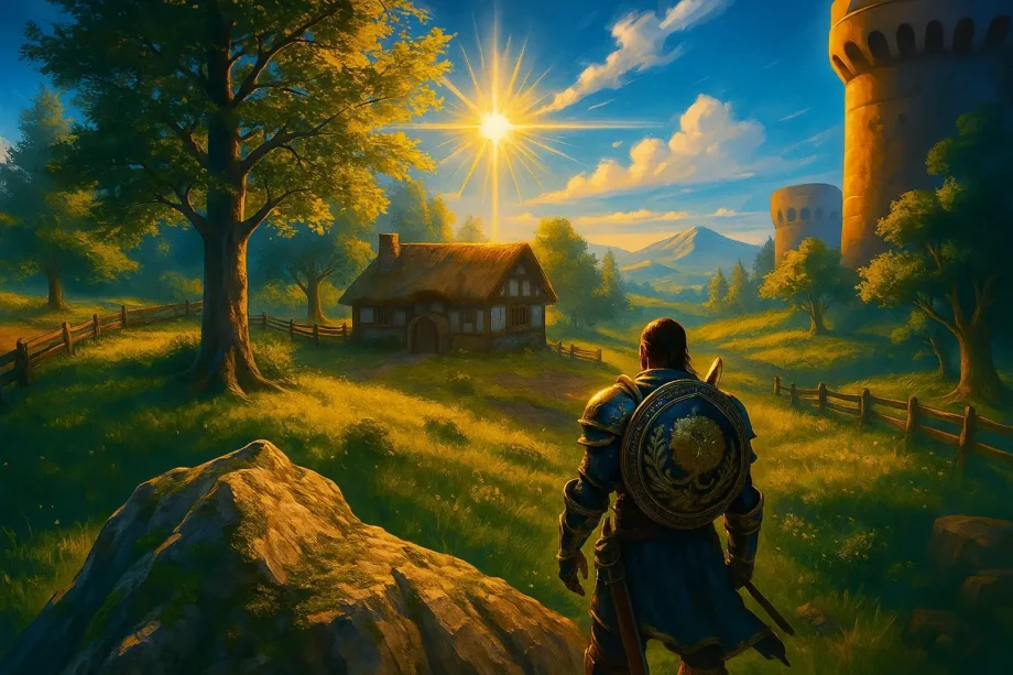 Oblivion remastered performance guide hero image of a warrior looking at a sunny cottage.